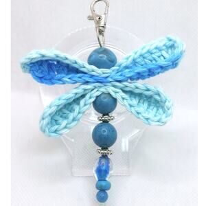 Crochet Dragonfly Vintage Beaded Keychain Handmade Blue Purse Charm Bag Clip NEW
